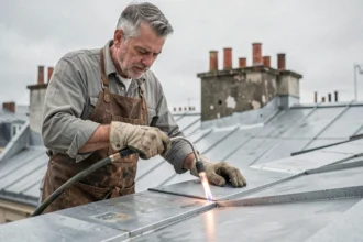 Zingueur expérimenté soudant une feuille de zinc au chalumeau sur un toit parisien avec gants et tablier en cuir